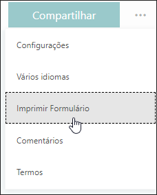 Opção imprimir formulário no Microsoft Forms