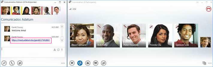 Captura de tela de uma chamada em conferência de sala de chat