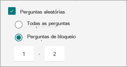 Captura de tela da configuração de teste/formulário para embaralhamento e bloqueio de perguntas do teste.