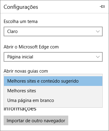 Configurações do Microsoft Edge para mostrar a guia "Meu Office 365"
