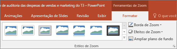 Mostra os diferentes Estilos de Zoom e efeitos que você pode escolher na guia Formatar no PowerPoint.