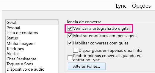 'Captura de tela da janela de Opções Gerais do Lync com a caixa Verificar ortografia selecionada'