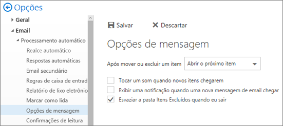 Uma captura de tela mostra a caixa de diálogo Opções de mensagem na qual a caixa de seleção está marcada para Esvaziar a pasta itens excluídos quando eu sair.