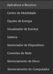Captura de tela do menu Iniciar mostrando Aplicativos e Recursos
