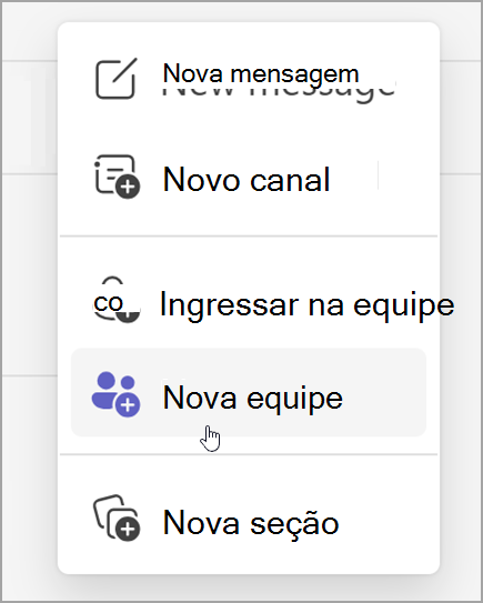 Captura de ecrã da opção para criar uma nova equipa. Revela depois de selecionar a opção novos itens.