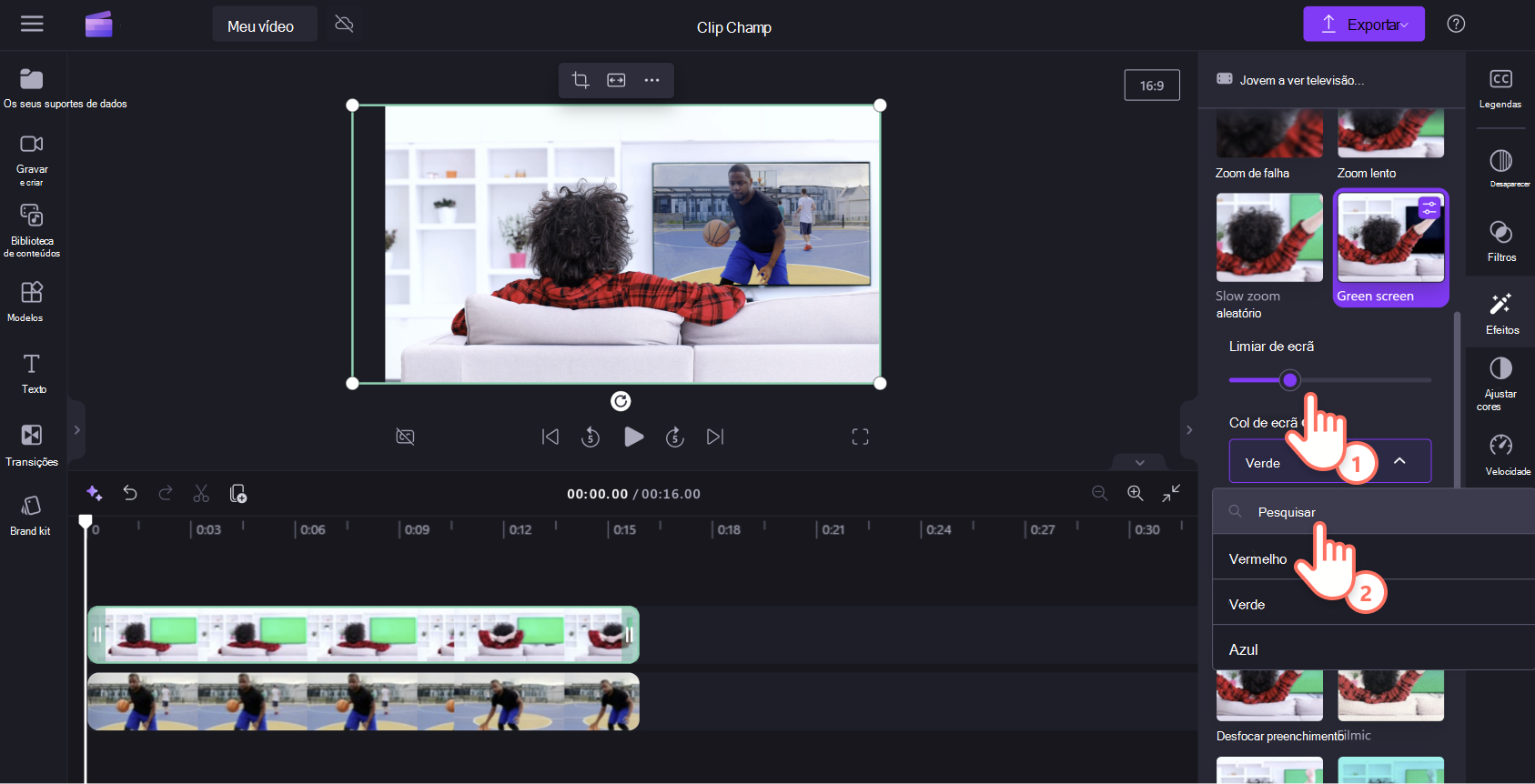 Uma imagem de um usuário do Clipchamp ajustando o limite da tela para o efeito de tela verde.