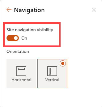 Acessando as opções de visibilidade de navegação do site por meio de configurações.