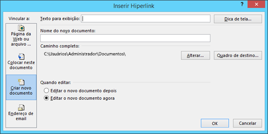 Criar um hiperlink para um novo arquivo