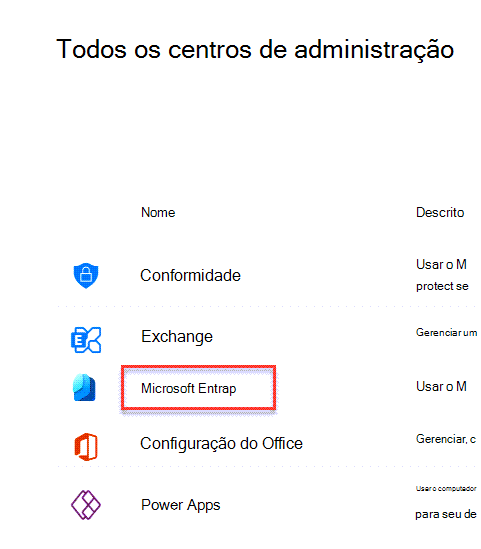 O menu de centros de administração no Microsoft 365 com o centro de administração do Azure Active Directory realçado.
