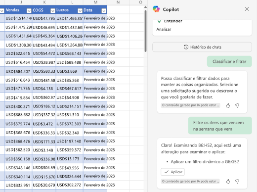 Captura de tela de como filtrar dados usando o Copilot no Excel.