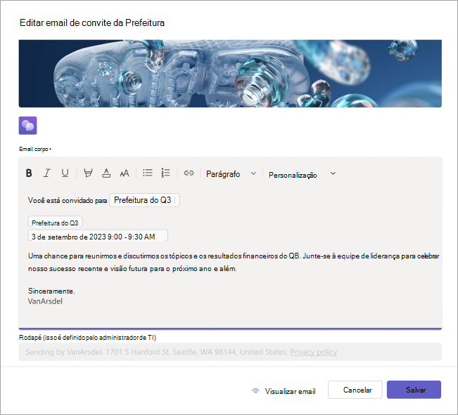 Captura de tela mostrando como editar convites de email da reunião geral