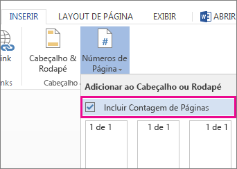 Imagem da caixa de seleção, para selecionar a opção de incluir a contagem de páginas com o número de páginas em um documento (página X de Y).