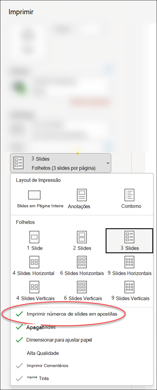 A caixa de diálogo Imprimir no PowerPoint mostrando a opção de imprimir números de slides em apostilas.