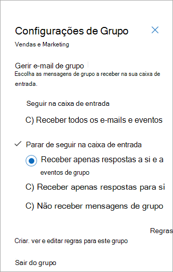 No painel Definições do grupo, selecione a sua preferência de seguimento ou selecione sair