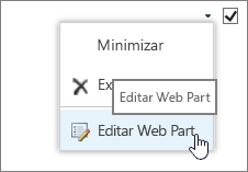 Menu de edição de Web Part realçado