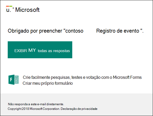 Mensagem de confirmação por email e link para respostas no Microsoft Forms