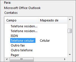 Celular é mapeado para o campo Celular do Outlook