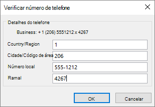No Outlook, no Cartão de Contato, em Números de telefone, escolha uma opção e atualize a caixa de diálogo Verificar Número de Telefone conforme necessário.