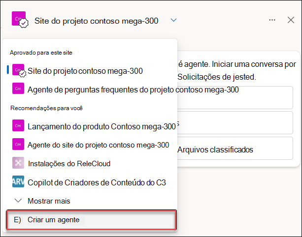 A captura de tela da criação de um novo agente do Copilot no painel de chat