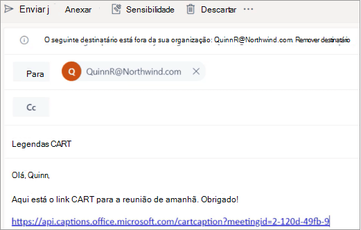 Exemplo de email mostrando como enviar o link de legendas do CART para o legendador profissional do CART.