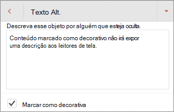 Marque como Decorativo selecionado na caixa de diálogo Texto Alt no PowerPoint para Android.