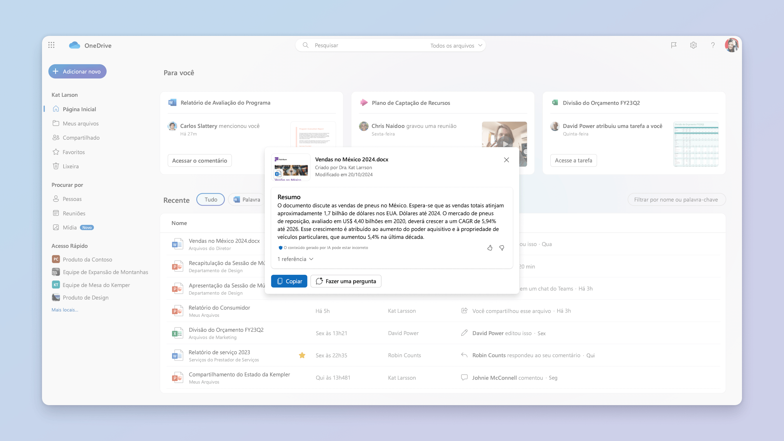 Captura de tela do cenário de resumo de arquivos para o Copilot no OneDrive