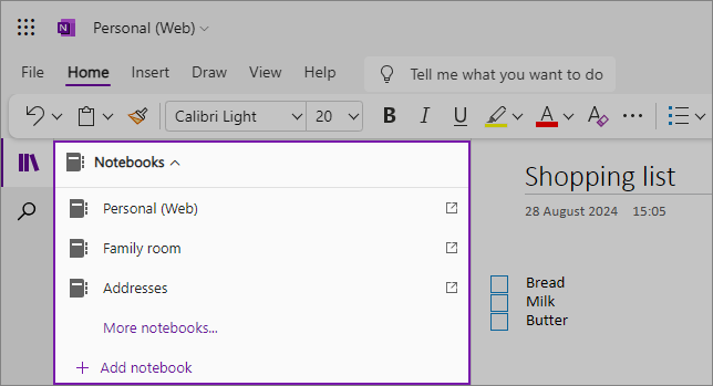 Captura de tela de exemplo da lista suspensa de notebooks do OneNote