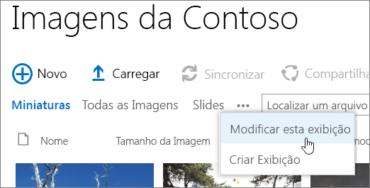 Barra de vista da biblioteca de imagens com a opção Modificar Vista selecionada