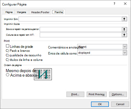 Opções de planilha de configuração da página do Excel