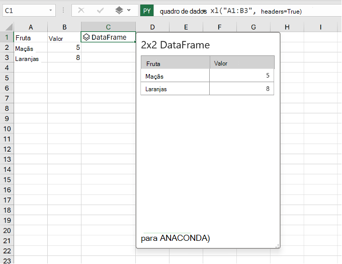 Uma versão prévia do Python no Excel DataFrame mostrando o código python e os valores do Excel.