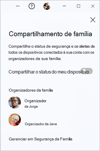 O painel de compartilhamento da família no Microsoft Defender no Windows.