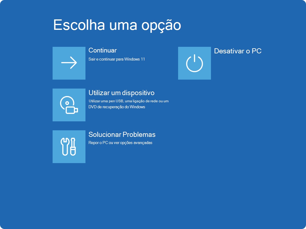 Captura de ecrã a mostrar o ecrã Escolher uma opção no Windows RE.