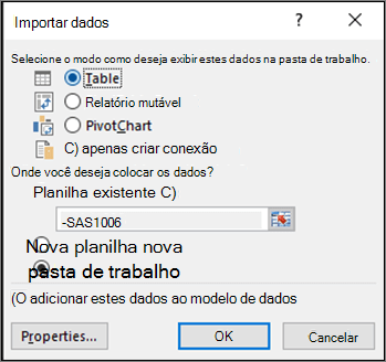 Caixa de diálogo Importar dados de Excel 2016