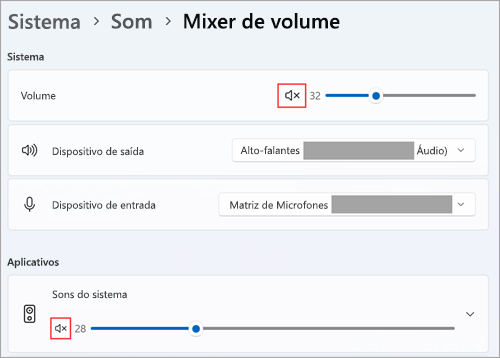 Veja o volume e os dispositivos de áudio padrão no mixer de volume do Windows 11.