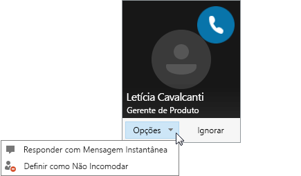 Captura de tela de uma notificação de chamada com o menu Opções aberto.