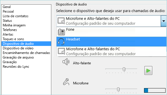 Captura de tela da configuração de áudio
