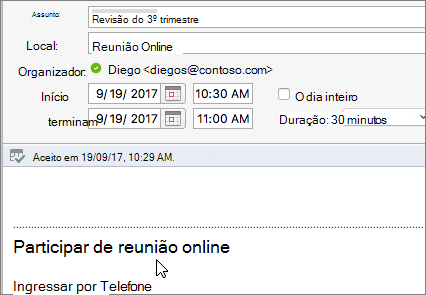 Captura de tela de uma caixa de diálogo de reunião mostrando o link Ingressar na reunião online.