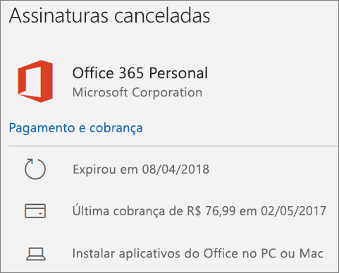 Exibe uma assinatura do Office 365 que expirou