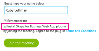Certifique-se de que o plug-in "Instalar o Skype para Business Web App" está selecionado