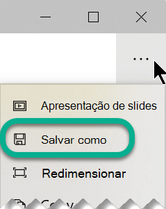 Na barra de ferramentas, selecione as reticências para abrir o menu Ver Mais e, em seguida, selecione Guardar Como.