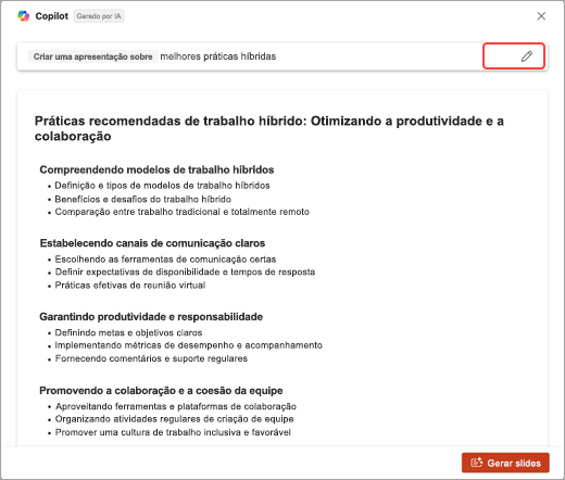 Captura de tela da lista de tópicos gerada pelo PowerPoint Copilot.