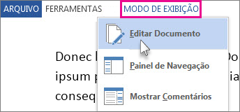 Imagem de parte do menu Exibir em Modo de Leitura com a opção Editar Documento selecionada.