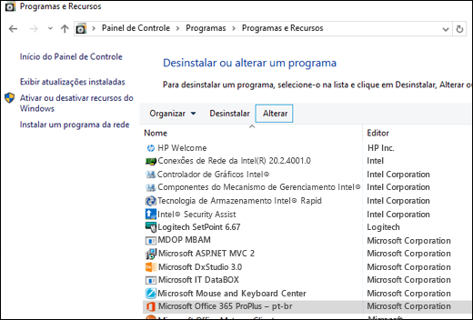 Clique em Alterar no miniaplicativo Desinstalar Programas para iniciar um reparo do Microsoft Office