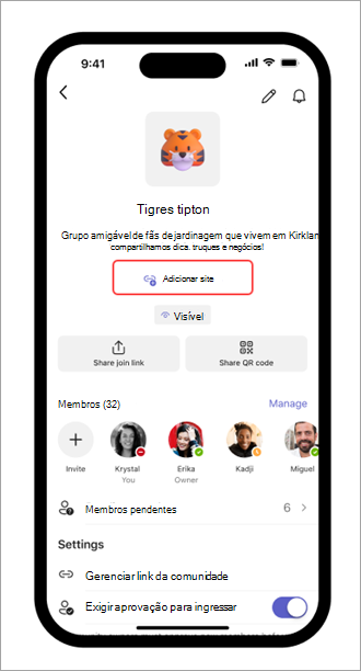 Captura de tela do link Adicionar site em configurações da comunidade no Microsoft Teams (gratuito) um no dispositivo móvel.
