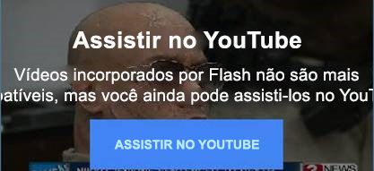 Essa mensagem de erro do YouTube explica que ele não oferece mais suporte a vídeos incorporados por flash