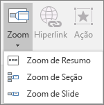 Mostra os diferentes tipos de zoom que podem ser selecionados em Inserir > Zoom: Zoom de Resumo, Zoom de Slide e Zoom de Seção.