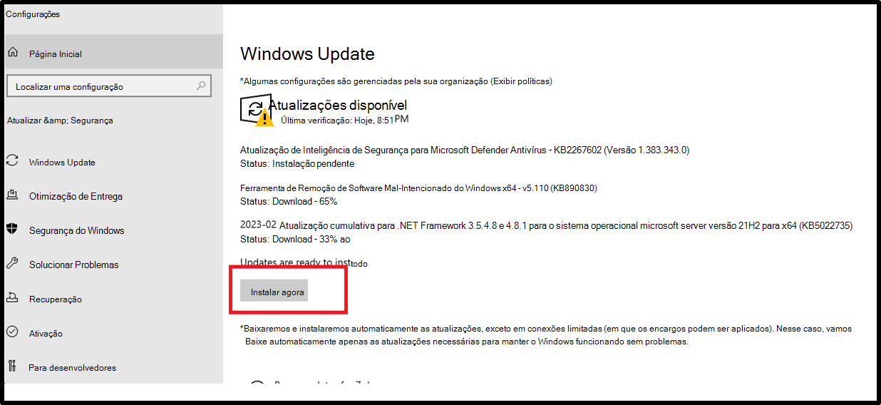 Windows Update configurações da interface do usuário