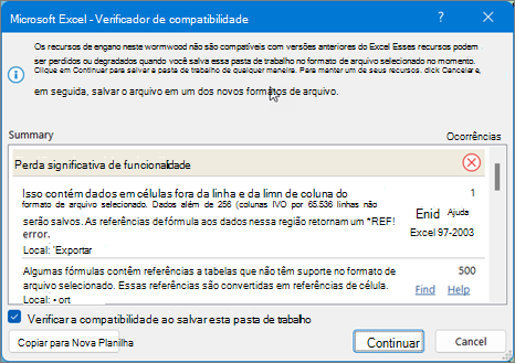 Usar Localizar para corrigir problemas com a compatibilidade da planilha do Excel