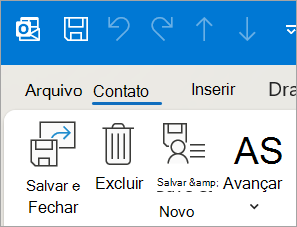 Captura de tela mostrando Salvar e fechar para contato no Outlook clássico