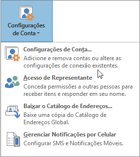 Opções disponíveis quando você escolhe as Configurações de Conta no Outlook